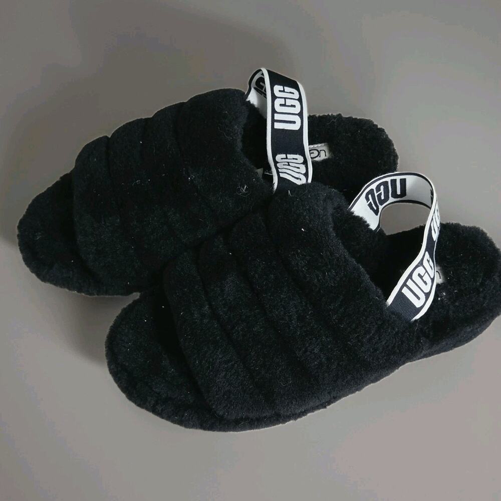UGG Womens Slippers Size 8 Black Fluff Yeah Shearling Fur Slingback Slip On